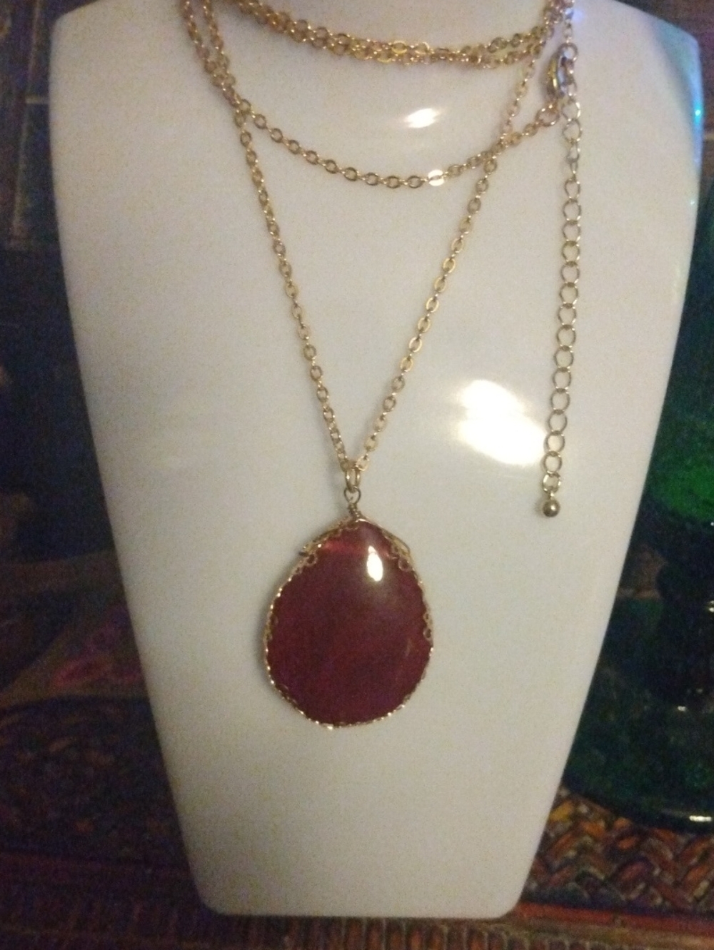 Gold Chain 22 "  Necklace with Red Stone Pendant - Women Jewelry